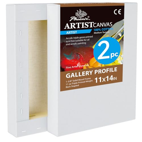 PHOENIX 11x14 Inch 2 Pack Gallery Canvas - 1.5 in Thick Canvases for Painting - Deep Edge 100% Cotton 11 Oz. Gesso Primed White Blank Professional Canvas Oil & Acrylic Paints - size: 11"x14", style: Gallery