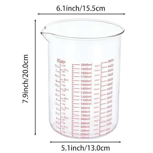 High Borosilicate Glass Measuring Cup-V-Shaped Spout，Glass Measuring Beaker for Kitchen or Restaurant, Easy to Read, 2000 ML (64 Oz, 8Cup) - size: 2000ML(64OZ)