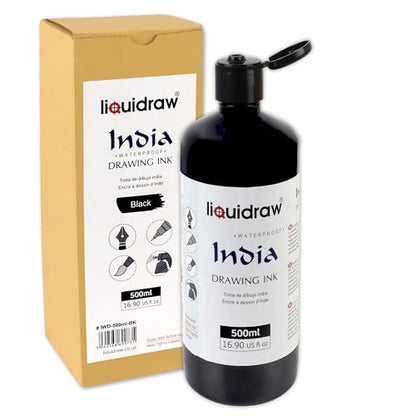 Liquidraw Black Drawing India Ink - 16.91 fl oz / 500 ml | Must-Have Artist Supply | Non-Toxic, Waterproof & Permanent | Suitable for Pens & Brushes | Use On Paper Board, Canvas, Fabric & Wood