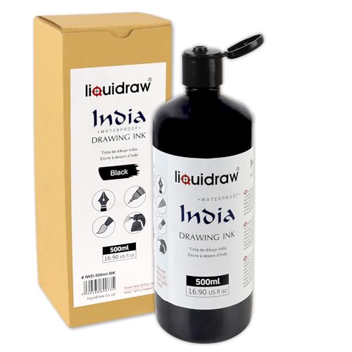 Liquidraw Black Drawing India Ink - 16.91 fl oz / 500 ml | Must-Have Artist Supply | Non-Toxic, Waterproof & Permanent | Suitable for Pens & Brushes | Use On Paper Board, Canvas, Fabric & Wood
