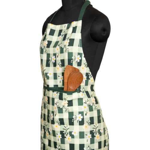 FINGERCRAFT Apron, Dual Pocket, Adjustable Tie, Multipurpose Washable Bib Apron for Home, Kitchen, Chef and Professionals - color: Green Daisy Gingham