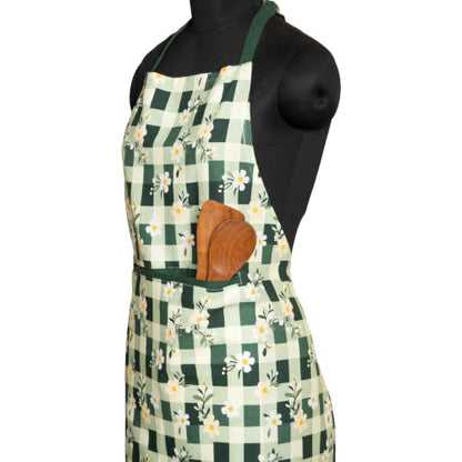FINGERCRAFT Apron, Dual Pocket, Adjustable Tie, Multipurpose Washable Bib Apron for Home, Kitchen, Chef and Professionals - color: Green Daisy Gingham