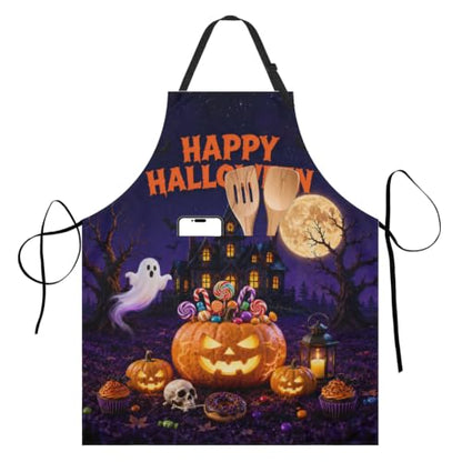 Happy Halloween Aprons Candy Lollipop Cupcake Jack-O-Lantern Kitchen Apron with 2 Pockets Ghost Castle Cooking Apron with Adjustable Neck Strap for Baking Crafting Gardening - color: Halloween-candy Pumpkin
