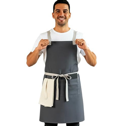 Professional Work Apron for Men & Women – 100% Cotton with waterproof Membrane, Cross Back Straps - color: Cloud Grey