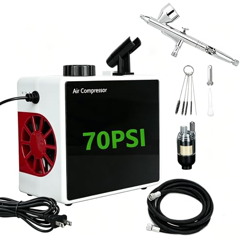 Airbrush Compressor Kit, 50-70PSI Stepless Pressure | All-in-one airbrush compressor set includes dual-action airbrush, air hose, moisture filter and full cleaning accessories.