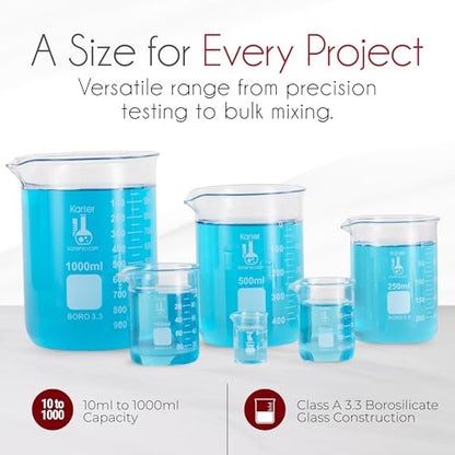 Karter Scientific, 3.3 Boro, Griffin Low Form, Glass Beaker Set - 6 Sizes - 10ml, 50ml, 100ml, 250ml, 500ml, 1000ml - size: 6-Piece Set, style: Pack of 6