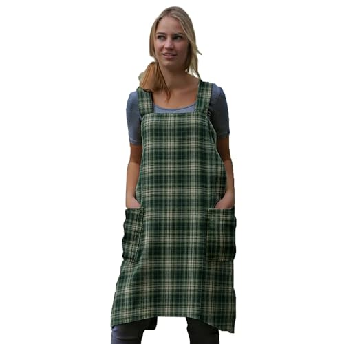 Women's Pinafore Square Apron Baking Cooking Gardening Works Cross Back Cotton/Linen Blend Dress with 2 Pockets - color: Gingham-green, size: Small