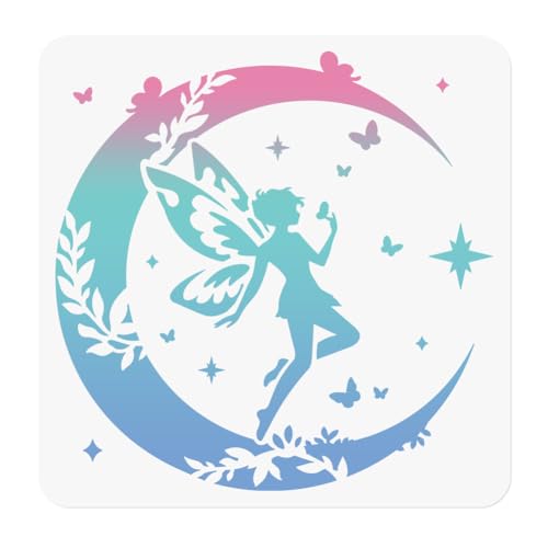 Fairy Moon Stencil for Painting 11.8 x 11.8 Inch Reusable Plastic Fairy Template for Painting on Wall Wood Furniture Fabric Canvas, DIY Craft Stencil | 11.8" x 11.8" Plastic Craft Stencil, Fairy Moon Wall Stencil, DIY Home Decor Template for Wall Wood Fab