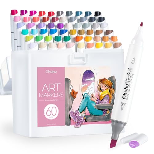 Ohuhu Alcohol Markers Fine& Slim Broad 60 Colors for Adult Beginners Artist | Dual Tips Alcohol-based Refillable Art Marker Set for Architectural Design Illustration Drawing Coloring, Gift Idea, Kaala - color: 60 Illustration Colors + 1 Colorless Blender