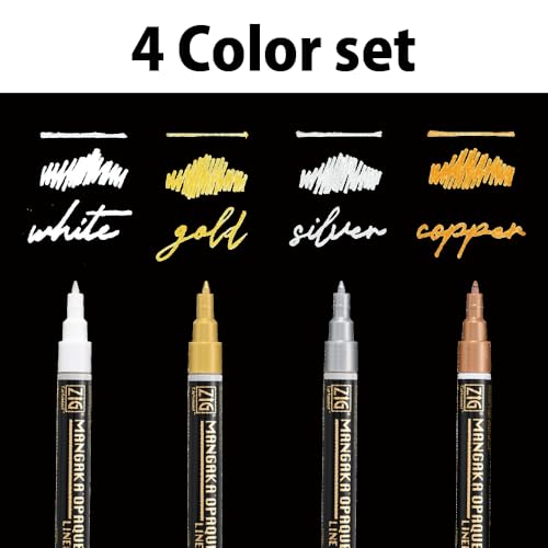 Kuretake Zig CARTOONIST MANGAKA OPAQUE LINER 4 colors set, Glitter Marker pens, Gold, Silver, Bronze, White, for paper, glass, plastic, ceramic and more, Made in Japan