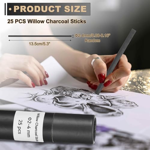 MECCANIXITY Willow Charcoal Sticks, 2-4mm Willow Charcoal Pencils Soft Sketch Vine Art Supplies Set for Drawing Sketching Shading Painting Artists Beginners (Black, Pack of 25) - size: 2-4mm