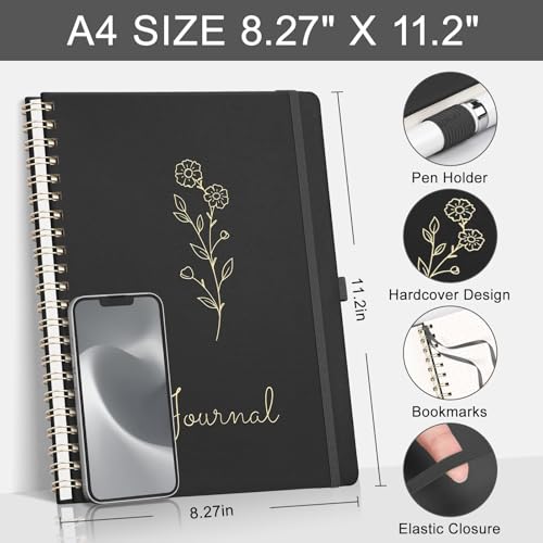 EMSHOI Dotted Spiral Journal Notebook, 110 Pages, A4 Size (8.2" x 11.2") - color: Black, style: A4 Dotted
