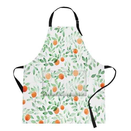 Apron with Pockets, 32x28 inch, for Women Men, Green Leaf Orange | Vintage Fruits Waterproof Adjustable Bib Aprons for Kitchen Cooking Baking Painting Gardening - color: Leaves Fruit