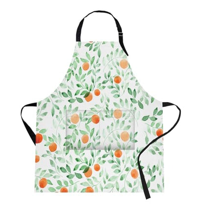 Britimes Apron with Pockets, 32x28 inch, for Women Men, Green Leaf Orange - color: Leaves Fruit