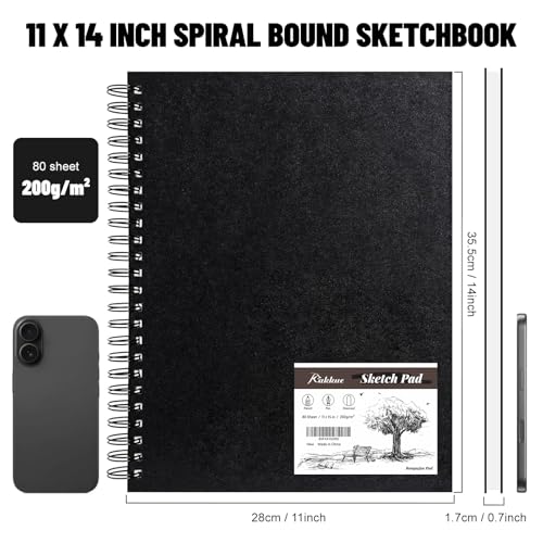 11" x 14" Mixed Media Sketchbook Hardcover Spiral Drawing Pad | 80 Sheets (160 Pages), 200gsm Paper, Dry & Light Wet Media, Lay Flat Spiral Binding, Clean Tear Pages, Acid-Free Protection - size: 11*14 inch(80 Sheets)