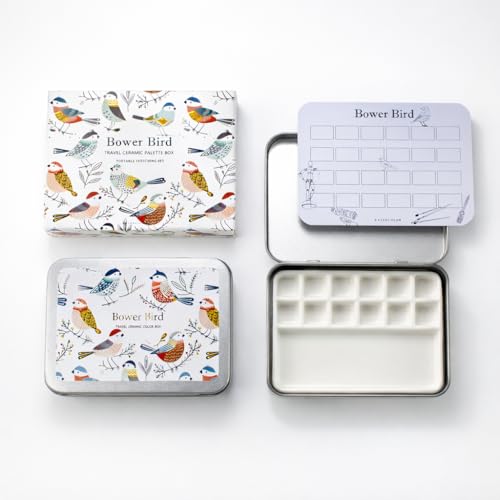Bower Bird Travel Ceramic Watercolor Palette with 12-Well Porcelain Mixing Tray & Metal Tin Box - Portable Art Kit for Gouache, Studio & Outdoor Painting - size: 4.2" x 3.1" x 0.5"