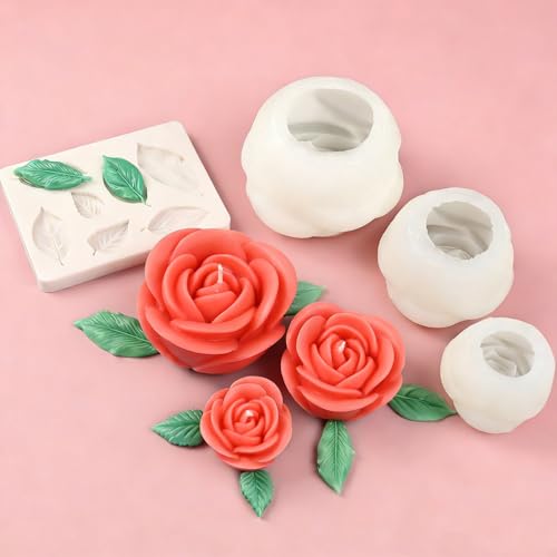Rose Candle Molds, 3 Sizes Rose Flower Mold with Leaf Mold Set - color: Set of Large + Medium + Small Rose with Leaf Molds