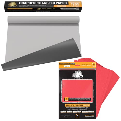 MyArtscape Graphite Transfer Paper Roll, Wax-Free, 17" x 15ft Paper Roll with Graphite Transfer Paper, 20 Red Sheets - Wax-Free - Erasable