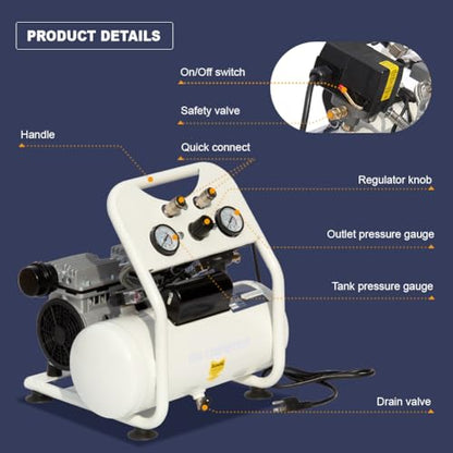 Portable Air Compressor, Ultra Quiet Oil-Free Electric Air Compressor 115 PSI Max with 4 CFM, Quick Recovery, 2.5 Gallon Tank, Ideal for Tire Inflation, Hot Dog Air Tools& Garage Auto Repair - size: 2.5 gallons
