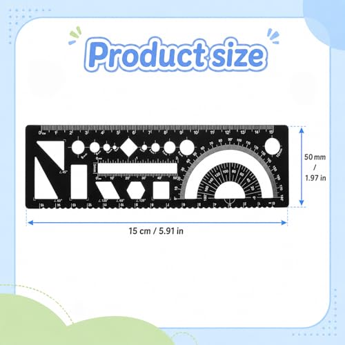 Multifunctional Geometric Ruler 15cm Geometric Drawings Stencils Rulers Aluminum Measuring Template with Protractor Straight Edge and Circle Shapes for Math Projects Black