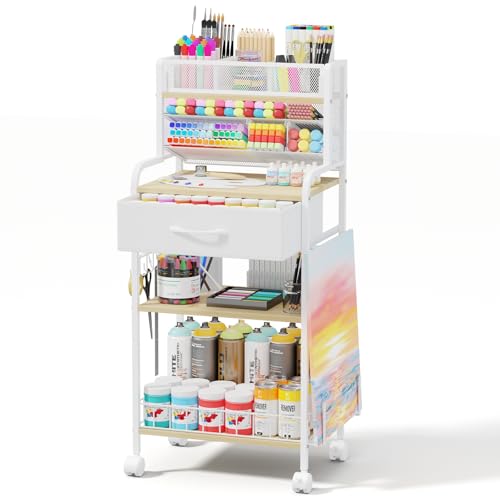 Art cart, 3 Tier Rolling Cart - Utility Cart with Storage Drawer and Wheels, Versatile Art & Craft Organizer for Home, Office, or Studio Ideal for Storing Brushes, Paints （ White） - color: White Maple