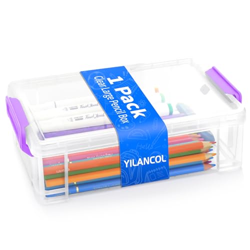 Large Plastic Clear Hart Pencil Box Case For Crayons, Markers, Art Supplies - color: Purple