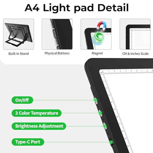 Zocelight Rechargeable A4 Light Pad with Built-in Stand,Super Bright Magnetic Light Table with Physical Buttons,Wireless Light Box for Tracing, Light Board for Diamond Painting,Sketching Weeding Vinyl - size: A4 with Stand