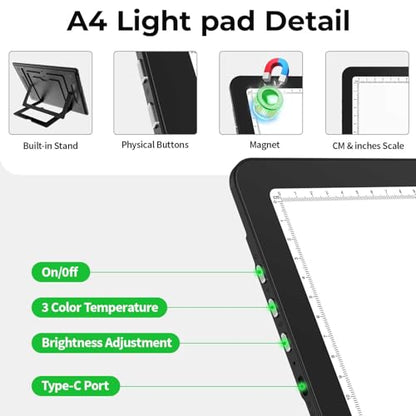 Zocelight Rechargeable A4 Light Pad with Built-in Stand,Super Bright Magnetic Light Table with Physical Buttons,Wireless Light Box for Tracing, Light Board for Diamond Painting,Sketching Weeding Vinyl - size: A4 with Stand