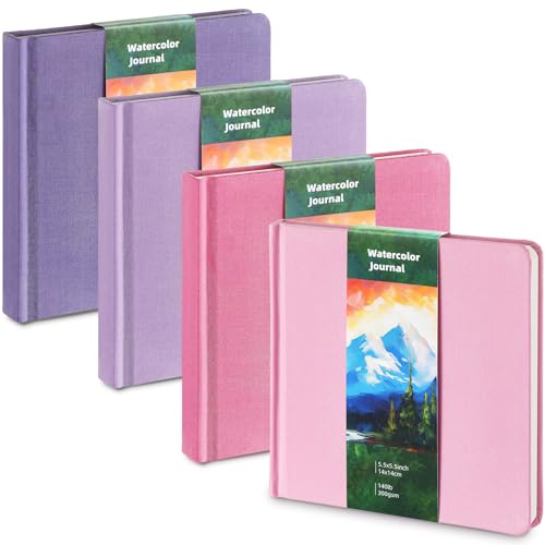 Mooliwe 4 Pcs Watercolor Travel Journal Watercolor Sketchbook Painting 5 x 5 Inch 300 GSM Cotton Cold Press Notebook for Painter Beginner Graduation Gift(Pink Purple) - color: Pink Purple