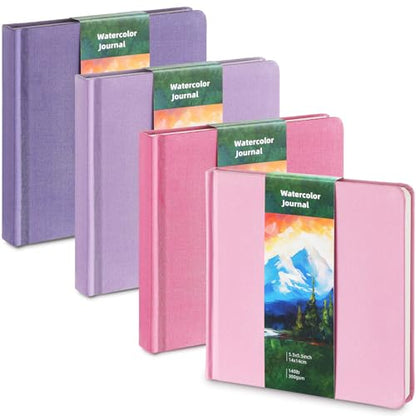 Mooliwe 4 Pcs Watercolor Travel Journal Watercolor Sketchbook Painting 5 x 5 Inch 300 GSM Cotton Cold Press Notebook for Painter Beginner Graduation Gift(Pink Purple) - color: Pink Purple