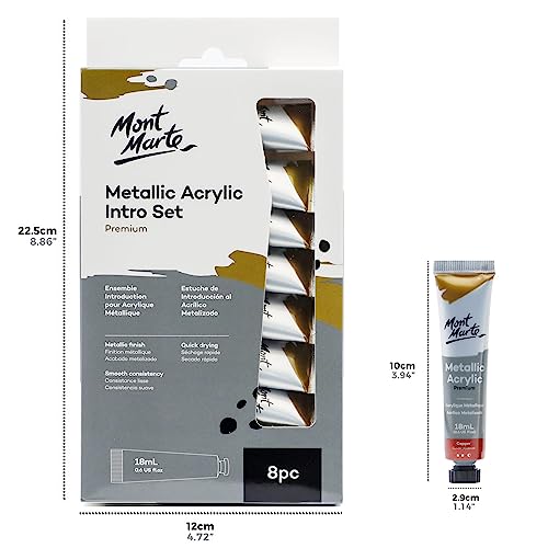 Mont Marte Metallic Acrylic Paint Set 8 Piece x 18 ml Tubes, Lightfast Colors with Smooth Consistency and Opaque Metallic Finish. - size: 0.61 Fl Oz (Pack of 1)