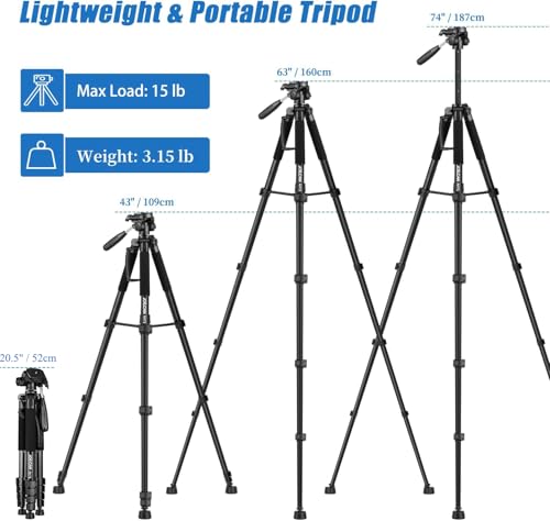 JOILCAN 74" Tripod for Camera Phone Video Recording Photography | Heavy Duty, Professional Travel Tripod, with Phone Clip and Carry Bag, Compatible with DSLR Canon iPhone, Max Load 15 LB - color: Black, size: 74"