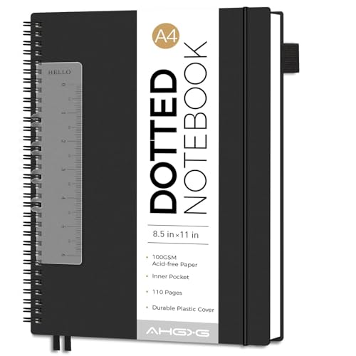 AHGXG Dotted Journal, Grid Spiral Notebook, 110 Pages, A4 (8.5" x 11") | 100 GSM Thick Dot Paper, Waterproof Plastic Cover Journals for Journaling, Sketching (Black) - color: Black, style: A4-Dotted