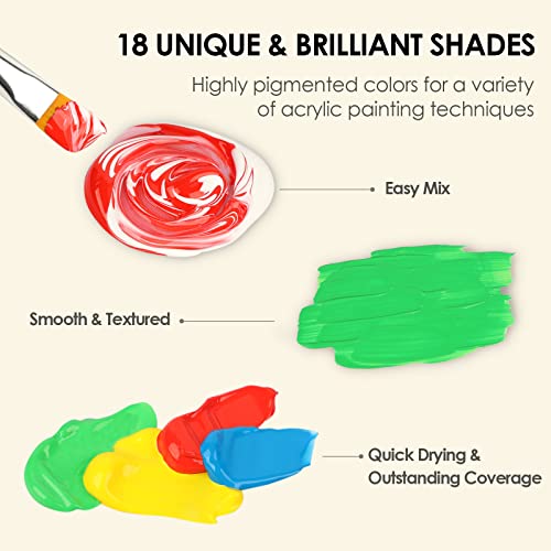 GOTIDEAL Acrylic Paint Set with 10 Brushes, 18 Colors (59ml, 2 oz) - color: 18 Colors