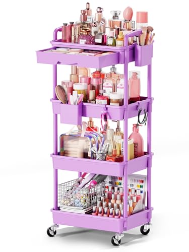 Goovilla Rolling Makeup Organizer Cart with Removable Drawer, 4 Tier Purple | Stable Floor Skincare Storage Cart for Vanity, Cosmetic Display, Nail Polish, Perfume, Hair Stuff, Beauty, Bathroom(Plastic) - color: Purple, size: 4 Tier