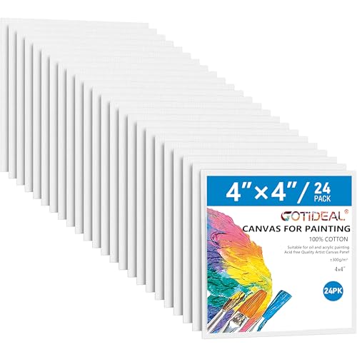 Canvases for Painting, 4x4 inch of 24 Pack, 100% Cotton | Professional Primed White Blank Flat Canvas Panels, Artist Canvas Boards for Acrylics Painting, Oil Watercolor Tempera - size: 4"x4"