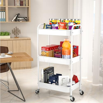 3-Tier Rolling Cart, Metal Utility Storage Carts with Wheels,White | Multi-Functional Organizer Snack Cart Easy Assembly - color: White