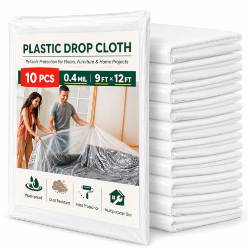 10 Pack Plastic Drop Cloths for Painting, 9 x 12 FT Clear Painters Plastic Sheeting, Disposable Drop Cloth for Floor, Furniture, Couch & Carpet Protection - color: 10 - Pack
