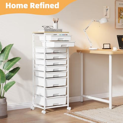 SYKIARIOL Rolling Storage Cart with 10 Drawers,White | Craft Cart with 3 Big Drawers + 7 Small Drawers,Teacher Storage Cart with Wooden Tabletop for School,Office and Home