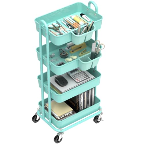 Simple Houseware 4-Tier Rolling Utility Cart with Hanging Bucket, Turquoise - color: Chrome, size: 4-Tier