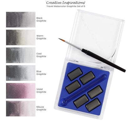Creative Inspirations Professional Watercolor Paint Set, 6 Pack - Compact Graphite Half Pan Travel Set of 6 with Mini Brush - color: Graphite, size: 6 Count (Pack of 6)