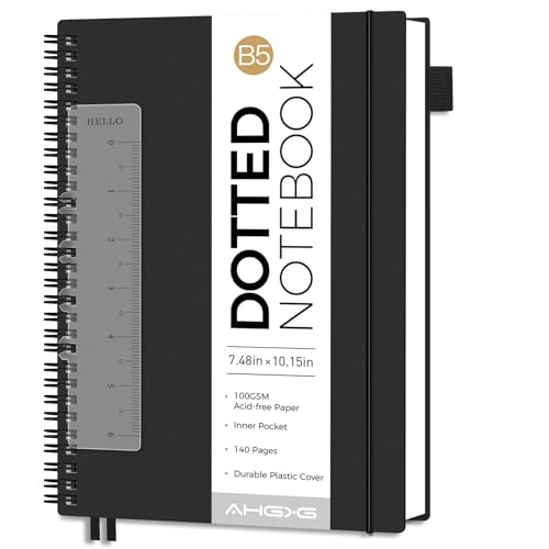 AHGXG Dotted Journal, Grid Spiral Notebook, 140 Pages, B5 (7.6" x 10") | 100 GSM Thick Dot Paper, Waterproof Plastic Cover Journals for Journaling, Sketching (Black) - color: Black, style: B5-Dotted