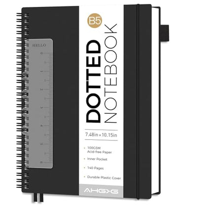 AHGXG Dotted Journal, Grid Spiral Notebook, 140 Pages, B5 (7.6" x 10") | 100 GSM Thick Dot Paper, Waterproof Plastic Cover Journals for Journaling, Sketching (Black) - color: Black, style: B5-Dotted