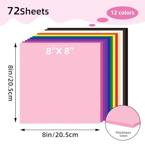 Conchpeople 72 Pack EVA Foam Sheets, 8x8in, 1mm DIY Craft Foam, 12 Colors - color: 72 PACK-1MM-8x8IN