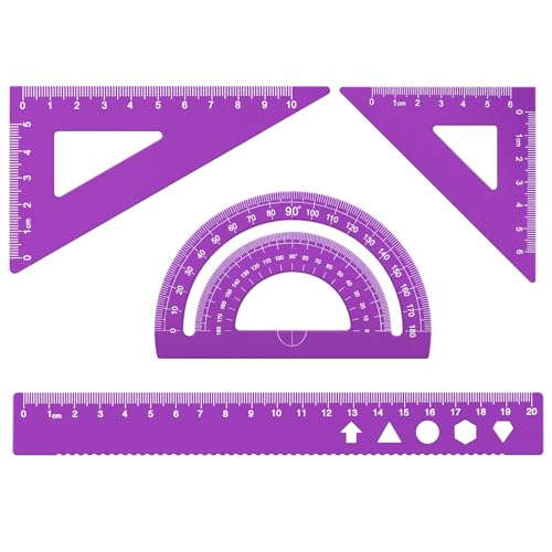 MSDADA Triangle Ruler, Protractor, Square and Ruler Set, 4 Pieces Aluminum Alloy Ruler, Metal Drafting Ruler Kit, Geometric Protractor for Student, School, Home, Office (Purple, 20cm/7.87inch) - color: Purple, size: 20cm