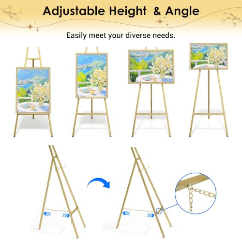 47" Gold Easel Stand for Sign, Large Heavy Duty Metal Display, 4-Tier | Sturdy Art Easel with Adjustable Chain & Non-Slip Feet for Wedding, Painting, Party, Posters, Commercial, Foldable - color: Gold