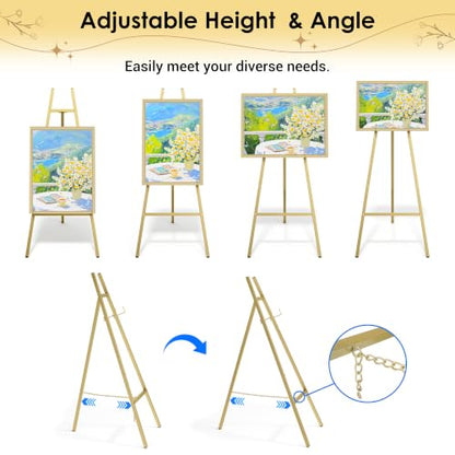 47" Gold Easel Stand for Sign, Large Heavy Duty Metal Display, 4-Tier | Sturdy Art Easel with Adjustable Chain & Non-Slip Feet for Wedding, Painting, Party, Posters, Commercial, Foldable - color: Gold