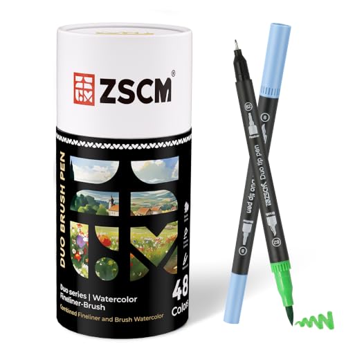 ZSCM 48 Colors Markers for Adult Coloring Books No Bleeding - Duo Tip Pens | Fine & Brush Coloring Marker for Adult Calligraphy, Illustration, Cards Drawing, Note taking Lettering, Journaling - color: 48 Colors
