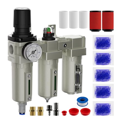 3/4" NPT High Flow Air Compressor Dryer System, Industrial 3 Stage Compressed Air Filter with Water Separator, Regulator & Desiccant Dryer for Automotive Shops, Sandblasting, Plasma Cutter, 0-240 PSI