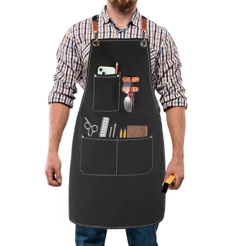 Men's Canvas Tool Apron, Heavy Duty Multi-Pocket Work Apron for Woodworking Gardening Bartender Adjustable Straps - color: Black